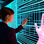A professional digital artist, fully clothed in a modest, contemporary suit, is engrossed in creating intricate digital art on a large, glowing interactive screen in a sleek, modern studio. The screen displays abstract, vibrant patterns reminiscent of blockchain nodes, with subtle holographic elements floating around. The artist's well-formed hands are gracefully manipulating a stylus, exhibiting proper finger count. The studio is bathed in soft, futuristic lighting, emphasizing innovation and creativity. This image embodies the future of digital ownership and artistic creation, safe for work, appropriate content, professional, perfect anatomy, correct proportions, natural pose, natural body proportions.