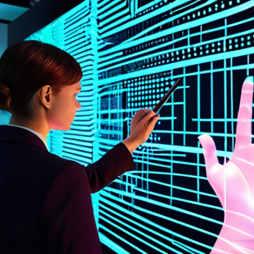 Home 4 A professional digital artist, fully clothed in a modest, contemporary suit, is engrossed in creating intricate digital art on a large, glowing interactive screen in a sleek, modern studio. The screen displays abstract, vibrant patterns reminiscent of blockchain nodes, with subtle holographic elements floating around. The artist's well-formed hands are gracefully manipulating a stylus, exhibiting proper finger count. The studio is bathed in soft, futuristic lighting, emphasizing innovation and creativity. This image embodies the future of digital ownership and artistic creation, safe for work, appropriate content, professional, perfect anatomy, correct proportions, natural pose, natural body proportions.